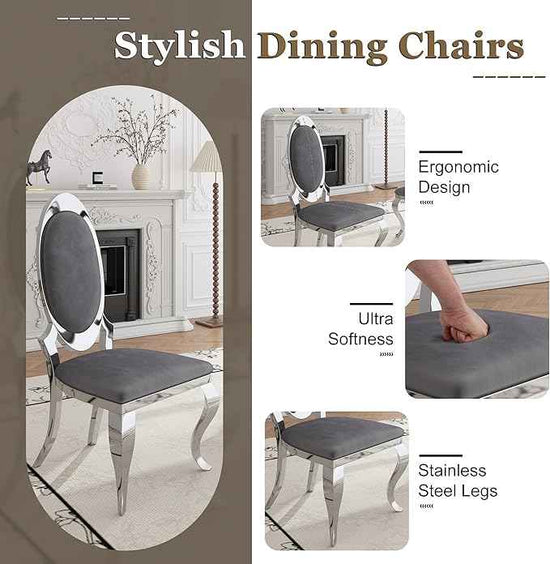 Modern Dining Chairs Set of 2, Luxury Velvet Upholstered Armless Dining Room Chair with Mirrored Stainless Steel Silver Legs, Mid Century Accent for Wedding Party Banquet Reception, Grey