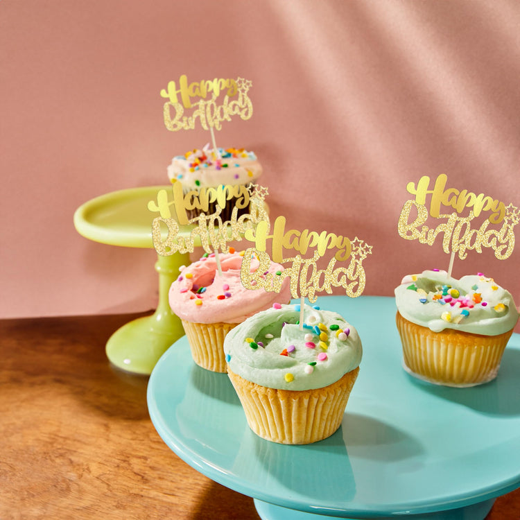 24Pcs Gold Metallic Happy Birthday Cupcake Toppers for Birthday (24 Count)