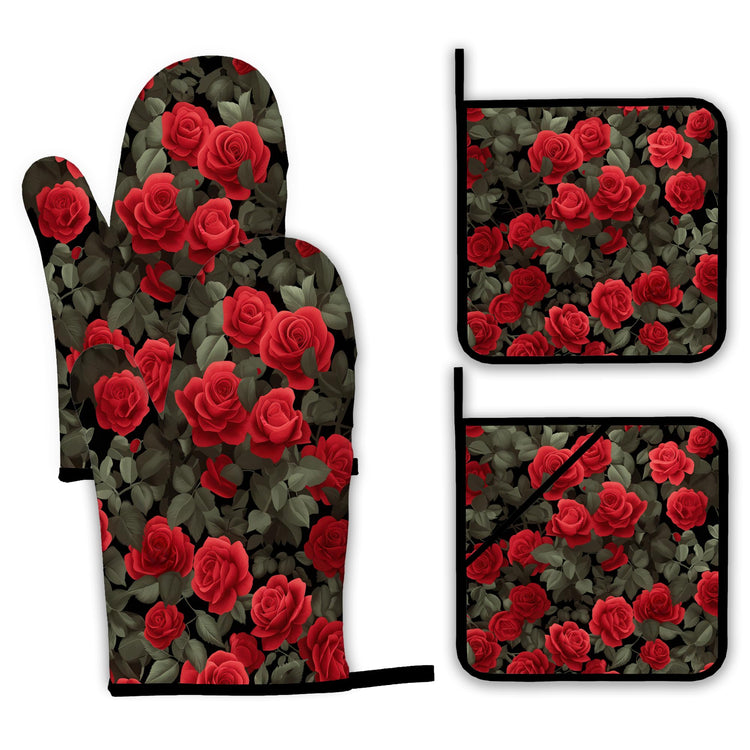 Red Rose Oven Mitts and Pot Holders Set (4 Count)
