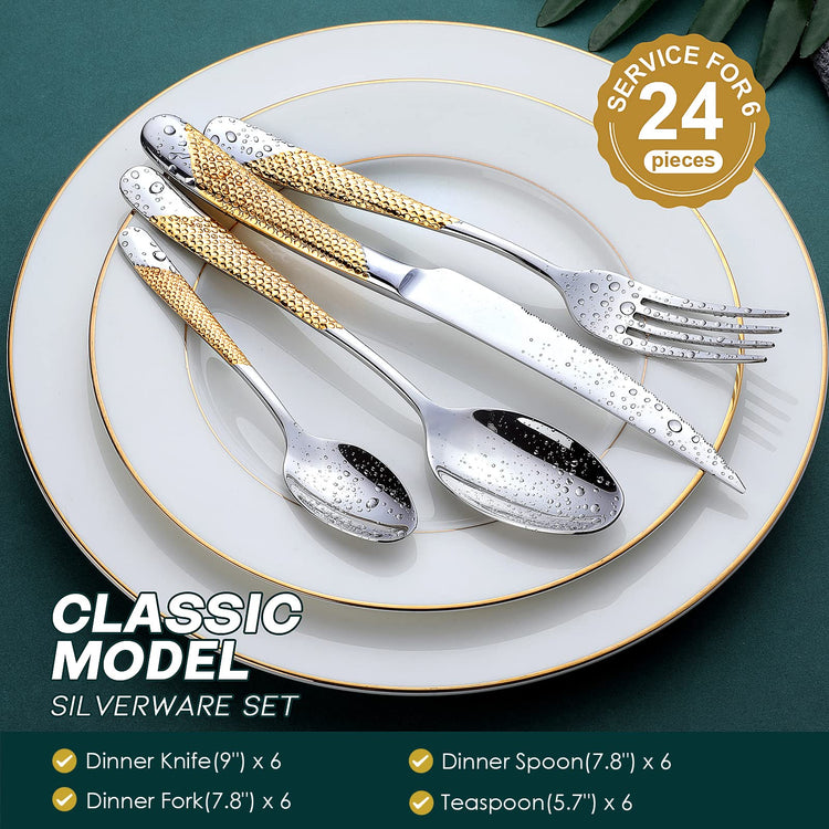 Hammered Silver Gold Silverware Set (24 Count)