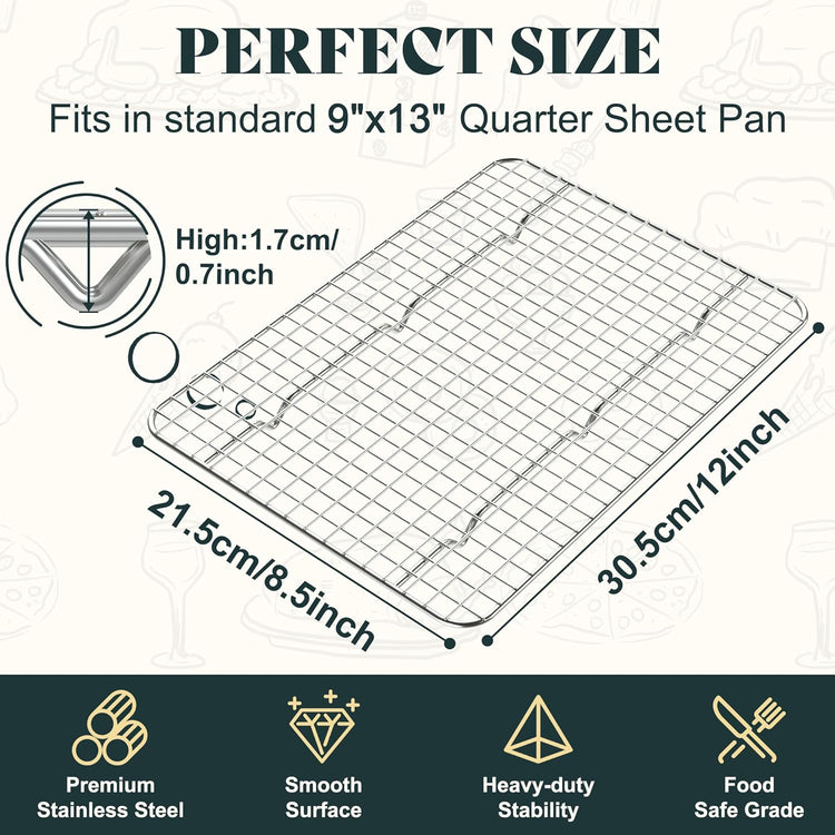 Cooling Racks for Cooking and Baking-8.5"x12" Oven Safe Premium Stainless Steel Heavy Duty Baking Rack Tight-Wire, Fits Quarter Sheet Pan for Roasting & Grilling & Cooking-Set of 2