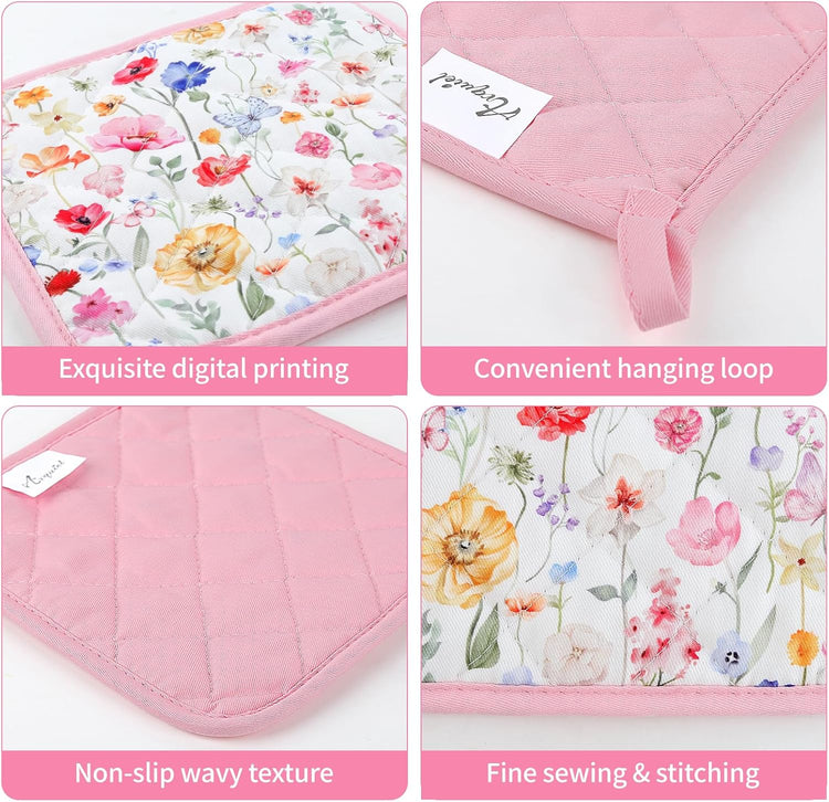 Wildflower Oven Mitts and Pot Holders Sets 4Pcs, 100% Cotton Heat Resistant, Extra Long Oven Gloves Potholder for Kitchen Cooking Baking Decoration