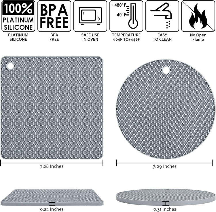 Silicone Trivets for Hot Dishes, Silicone Pot Holders for Kitchen, Trivet Mat Hot Pads for Kitchen, Trivets for Hot Pots and Pans, Heat Resistant Mats for Quartz Countertop, Set 4 Light Gray