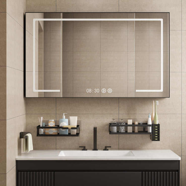 5-in-1 Wide Wall Mount Wrapped Mesh Kitchen Organizer & Shower Caddy Kit, with Paper Towel Holder, Utensil Holder, Soap Dish, Heavy Duty 50LBS - Matte Black, Netting