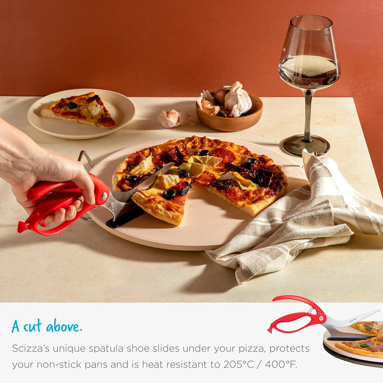 Scizza 2-In-1 Easy Ergonomic Pizza Scissors with Stainless Steel Pizza Cutter Blades & Non-Stick Slice Server - Red
