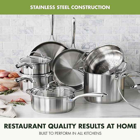 GreenPan Stainless Steel Cookware Set, 11 Piece, Induction Cookware, Dishwasher Safe, Oven Safe to 600F, Large 8QT Stock Pot, Sauce, Saute, Frying Pans, Pots & Pans Kitchen Essentials, Silver