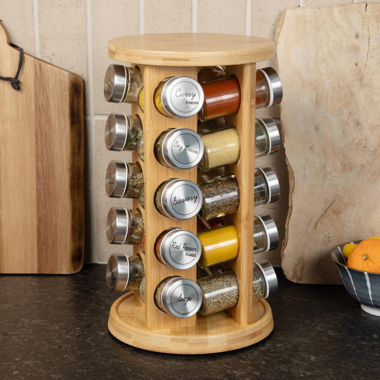 20 Jar Rotating Bamboo Spice Rack with Spices Included & 5