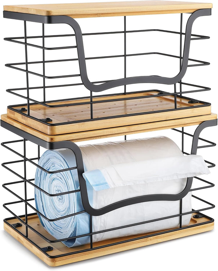 Trash Bag Dispenser Holder for Kitchen 2 Pack Laundry Room Trash Bag Holder Wall Mount Garbage Bag Dispenser Stainless Steel Roll Holder with Bamboo Top for Countertop, Under Sink