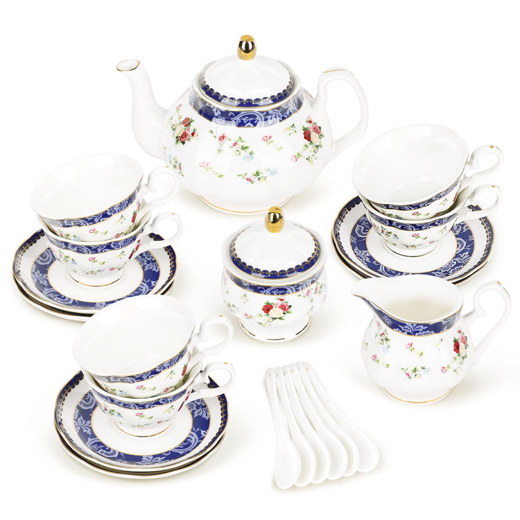 21 Piece Blue Lace and Roses Bone China Tea Sets for Adults (21 Count)