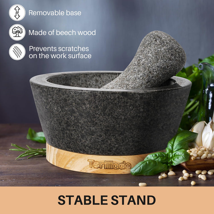 6 inch Mortar and Pestle Set Large Made of Natural Granite with Anti