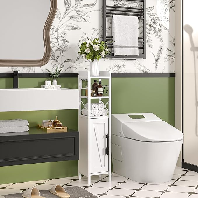 VECELO Small Bathroom Cabinet,Slim Toilet Paper Holder with Door&2 Shelves, Upgraded Narrow Storage Organizer for Restroom Bathroom Tiny Space,Metal Scroll Fenced Top Waterproof Coating,White