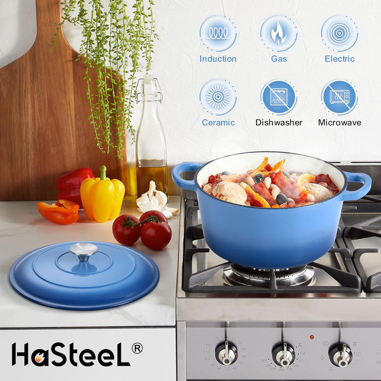 Small 3 Quart Dutch Oven, HaSteeL Round Cast Iron Cooking Pot with Lid, Nonstick Enameled Cookware for Sourdough Bread Baking Roasting Stewing Braising Frying, Heavy Duty & Oven Safe 500℉, Blue - Nestoria