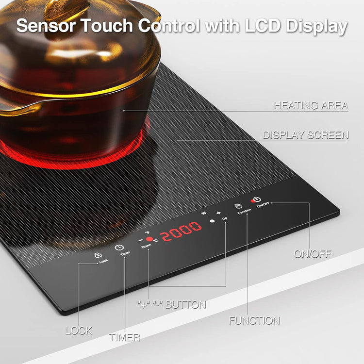 Portable Electric Hot Plate, 2 Burner Cooktop 110V/120V Plug-in, Infrared Stove Top for Cooking, LED Touch Control, Timer & Safety Lock for RV, Dorm, Apartment (Electric Cooktop 12 Inch)