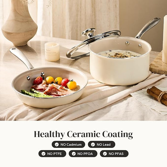 Redchef Sauce Pan & Frying Pan Set, 8" Ceramic Nonstick Fryingpan & 2.5Qt Saucepan with Lid, Mini Cookware Set, Induction Compatible, Nontoxic PTFE PFOA Free, Oven & Dishwasher Safe, Beige