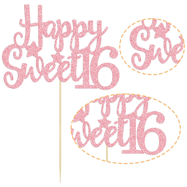 1Pc Pink Glitter Happy Sweet 16 Cake Topper 16th Birthday Cake Topper Sweet 16 Decorations 16th Birthday Decorations