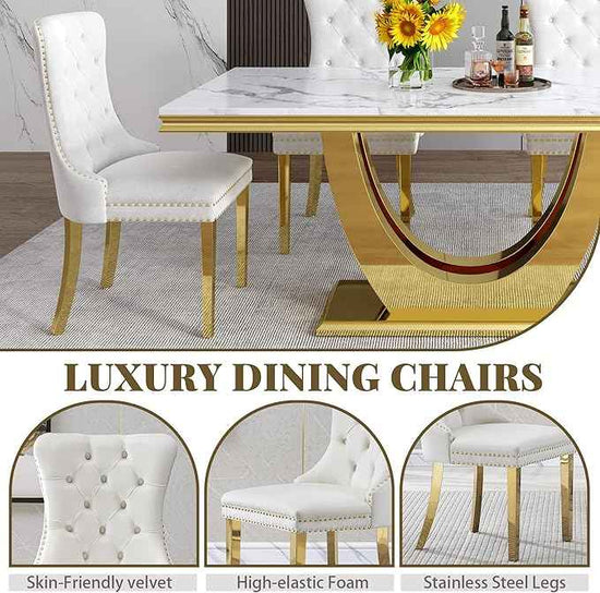 Marble Dining Table Set for 6,70" Black Faux Marble Kitchen Tables and Velvet Chairs for 6,7 Piece Luxury Dining Room Table Set and 6 Upholstered Chairs with Gold Stainless Steel Bases
