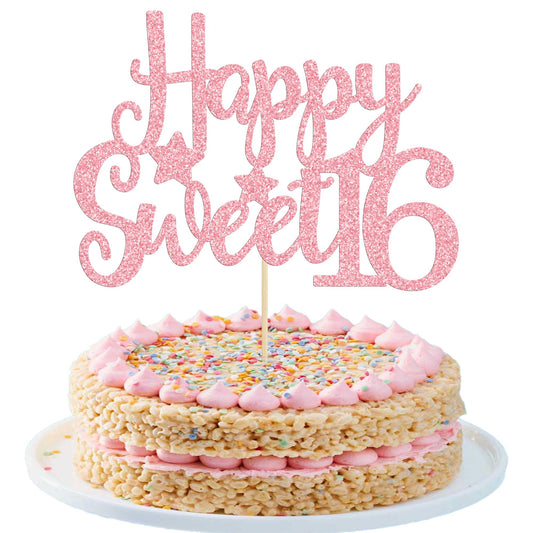1Pc Pink Glitter Happy Sweet 16 Cake Topper 16th Birthday Cake Topper Sweet 16 Decorations 16th Birthday Decorations