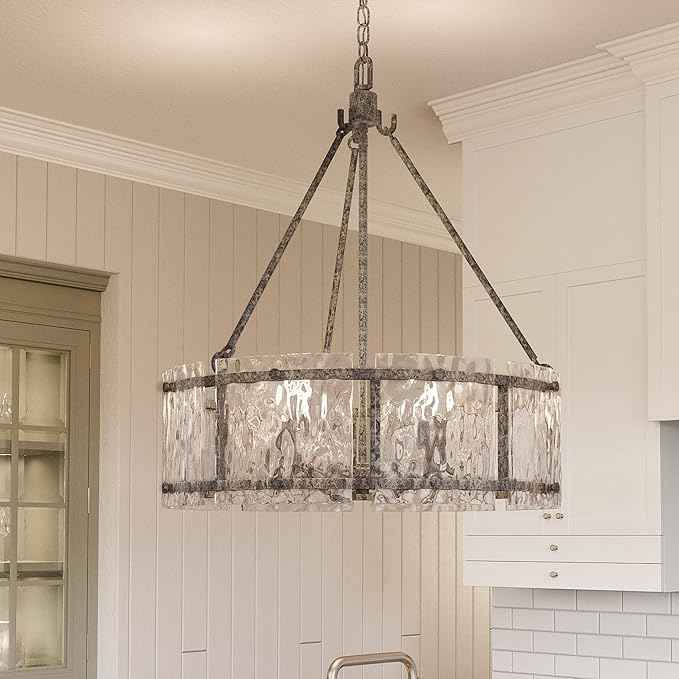 Quoizel Fortress Pendant Lighting, 21 Inch 5-Light Mottled Silver Drum Light, Max Adjustable Height 77", Textured Glass Pendant Light for Kitchen Island, Dining, Hallway or Bedroom