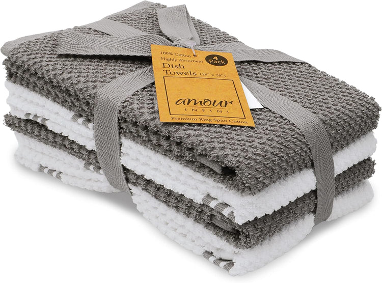 AMOUR INFINI Kitchen Towels Pack of 4 - Absorbent, Quick Drying Premium Cotton Tea Towel - Kitchen Linens 16x28 Inch Dish Towels with Hanging Loop (L.Grey) - Nestoria