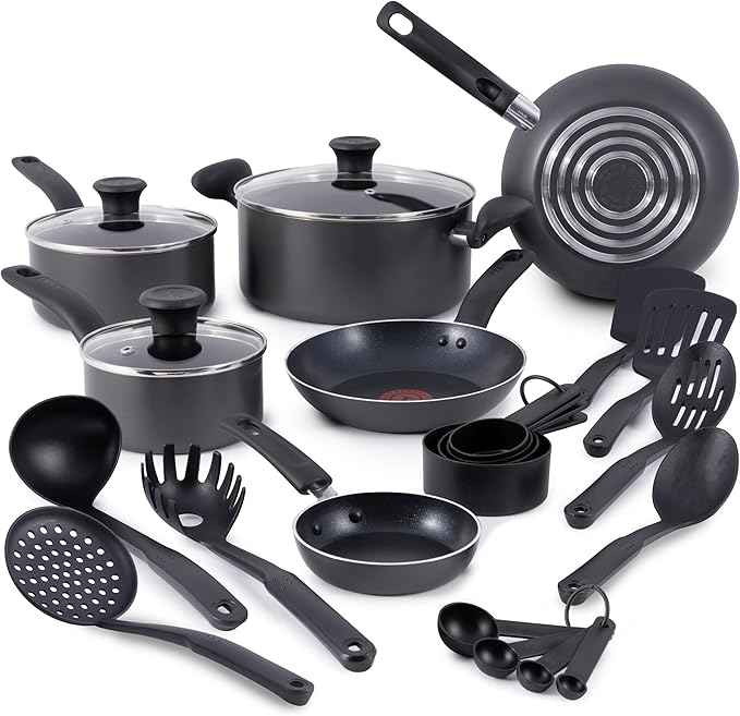 T-fal Initiatives Nonstick Cookware Set 18 Piece, Oven Broiler Safe 350F, Kitchen Cooking Set w/Fry Pans, Saucepans, Stockpots, Skillet, Spoons, Lids Pots and Pans Set, Dishwasher Safe, Stone Grey