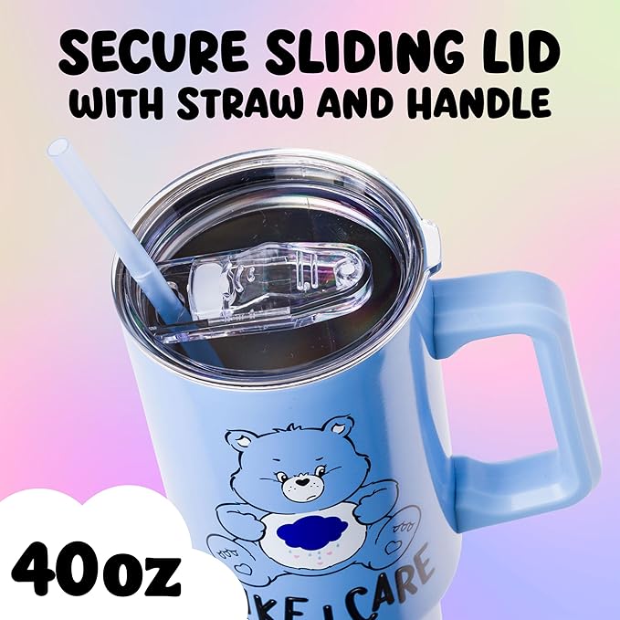 Silver Buffalo Care Bears Grumpy Bear Like I Care Stainless Steel Tumbler with Handle and Straw, Fits in Standard Cup Holder, 40 Ounces (Pack of 12)