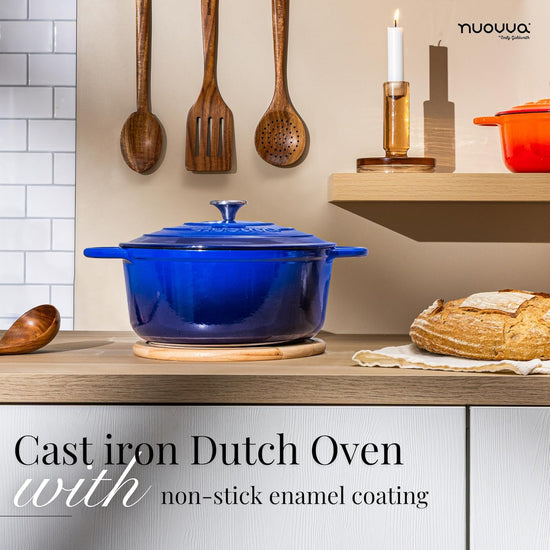 Nuovva Enamelled Cast Iron Dutch Oven Pot with Lid – 6.4 Quart Non Stick Casserole Pot – Heavy Duty & Oven Safe up to 500° F for Bread Baking, Braising, Stews, Roasting – 28cm Dark Blue - Nestoria