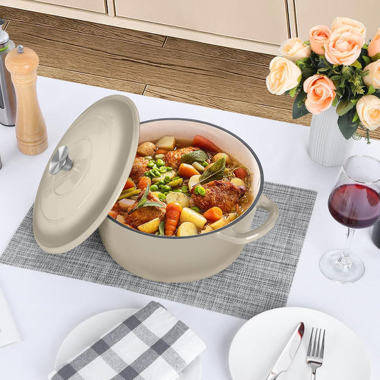 P&P CHEF 6QT Enameled Dutch Oven, Cast Iron Dutch Oven Pot with Lid for Bread Baking, Enameled Casserole Pot for Roasting Braising Stewing Frying Simmering, Various Stoves & Easy Clean, Khaki - Nestoria