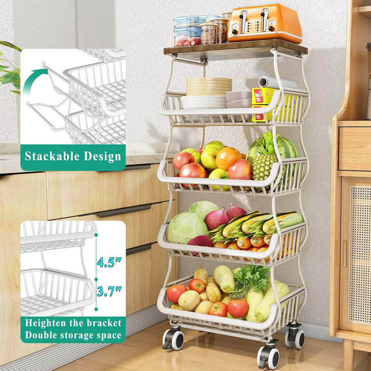 SAYZH Fruit Basket for Kitchen with Wood Top 5 Tier, Stackable Fruit and Vegetable Storage Cart, Wire Storage Basket with Wheels, Vegetable Basket Bins Rack for Onions and Potatoes, White