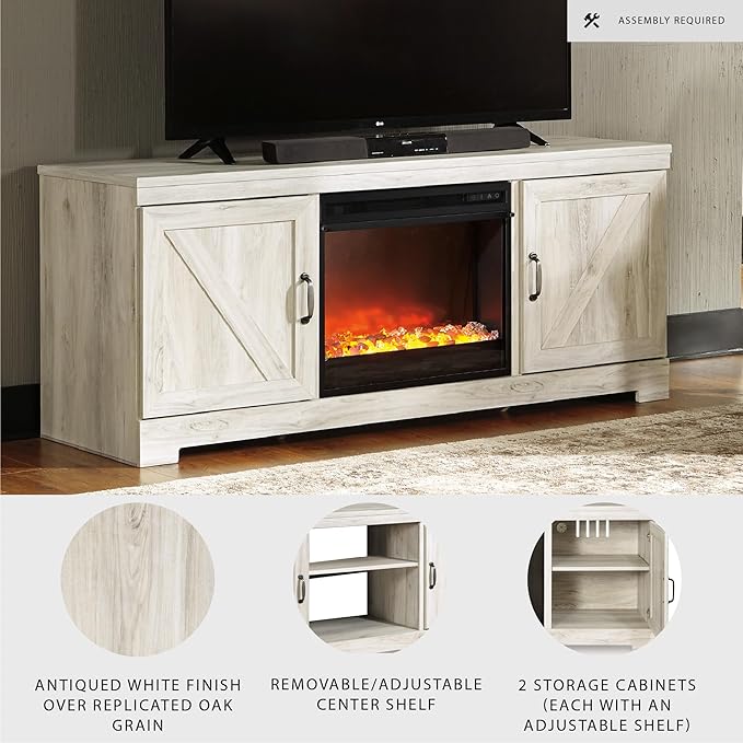 Signature Design by Ashley Bellaby Farmhouse 63" TV Stand with Fireplace for TVs up to 72", Whitewash