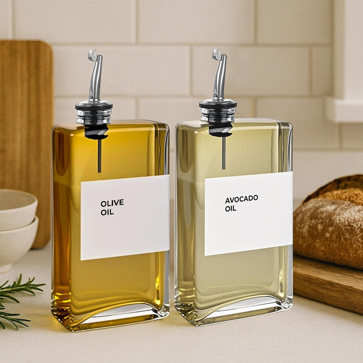 Olive Oil Dispenser Bottle - Includes 44 Kitchen Essential Labels - Cooking Oil Bottles for Kitchen, Coffee Syrup Dispenser - Pourer Spout with 11.8 fl oz Glass Container Cruet - 4pcs Silver
