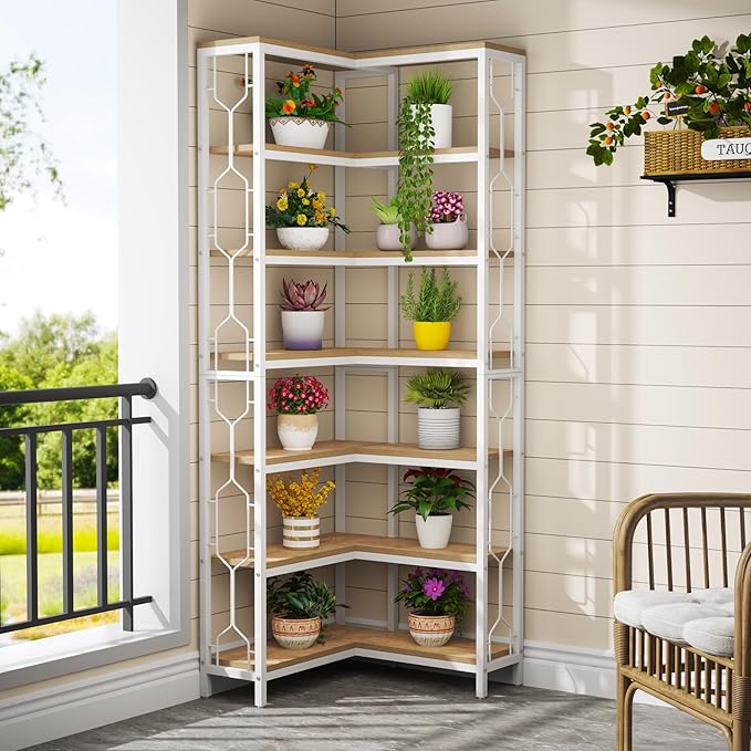 Tribesigns Corner Shelf, 7-Tier Industrial Corner Bookshelf, Wood and Metal Corner Etagere Bookcase, Freestanding Display Shelf for Living Room, Kitchen, Home Office, White and Natural