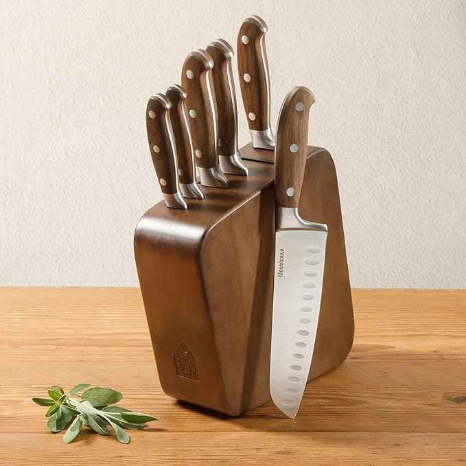 Bloomhouse 7 Piece Italian Walnut Wood Knife Block Set W/German Steel Forged Knives