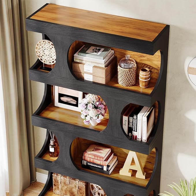 Tribesigns 71" Tall Bookcase, 4-Tier S-Shaped Bookshelf, Wood Decorative Storage Shelving, Modern Freestanding Display Shelves, Large Library Book Shelf Unit for Home Office Living Room, Black & Brown