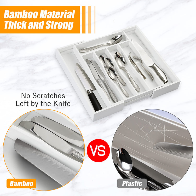 White Silverware Organizer Kitchen Drawer Organizer Expandable Bamboo Utensil Holder Cutlery Tray for Kitchen Utensil and Flatware Bedroom Office