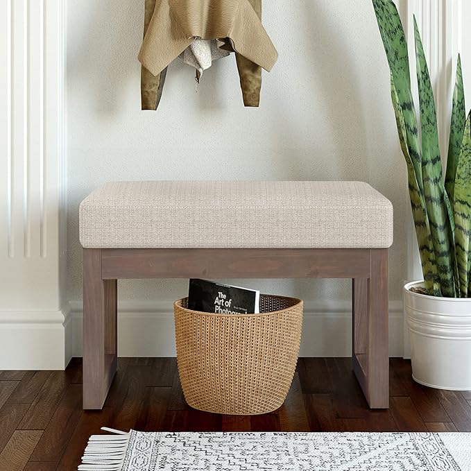 SIMPLIHOME Milltown Small Ottoman Bench - 27 inch Wide Upholstered Tweed Look Fabric Rectangle Footstool Ottoman in Platinum, Contemporary Bench for Bedroom or Entryway with Cushioned Seat, Assembled
