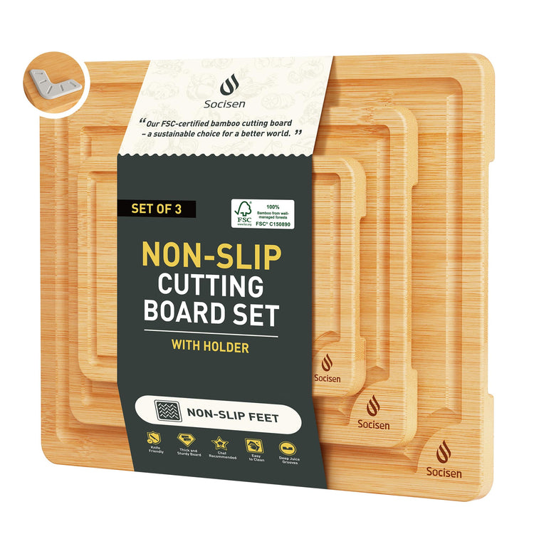Bamboo Cutting Board Set Non Slip Feet with Holder Over Sink Kitchen Gadgets Charcuterie & Chopping Board Apartment Essentials New Home Must Haves Things Stuff Accessories House Housewarming Gifts (3 Count)