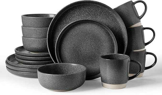 Famiware Milkyway Stoneware Dinnerware Sets with Mugs, Service for 4 (16 Pieces), Reactive Glaze Plates and Bowls Sets, Microwave and Dishwasher Safe Dishes Set, Matte Dark Charcoal