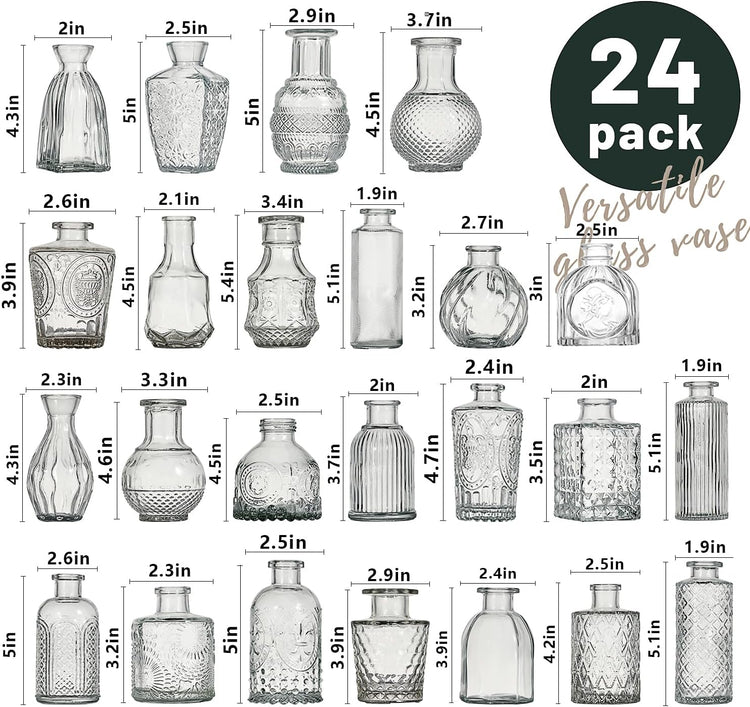 Glass Bud Vase Set of 24 Pcs Small Minimalist Vases for Flowers, Vintage Rustic Home Decor for Table Centerpiece Wedding Party, Modern Clear Aromatherapy Bottle for Living Room Bedroom