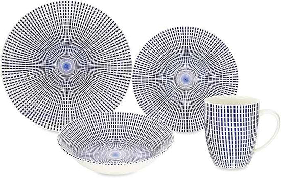 TUDOR ROYAL Porcelain 16-Piece Round Dinnerware Set, Service for 4, Singapore Blue Design, Blue Radial, Plates Bowls Mugs Dishes, Premium Quality Ceramic Tableware, Unique Pattern, Glossy