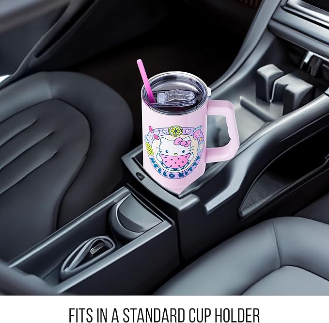Silver Buffalo Sanrio Hello Kitty Summer Kawaii Fruits Double Walled Stainless Steel Tumbler with Handle, Fits in Standard Cup Holder, 40 Ounces