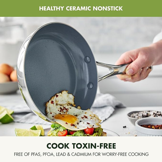 GreenPan Valencia Pro Tri-Ply Stainless Steel 9 Piece Cookware Set, PFAS-Free Ceramic Nonstick Coating, Induction Ready Pots & Pans, All Cooktops, Dishwasher & Oven Safe to 600F
