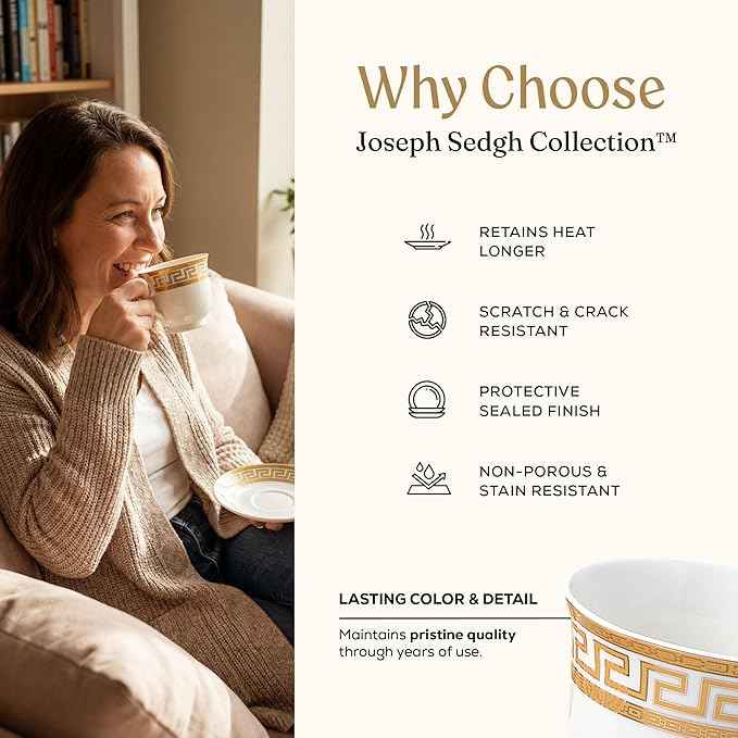 Joseph Sedgh Collection 20-Piece Bone China Dinnerware Set, Service for 4, White and Golden Greek Key