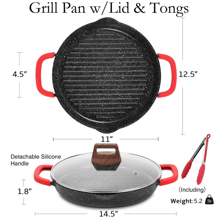 Nonstick Grill Pan with Lid & Tongs for Stove Tops