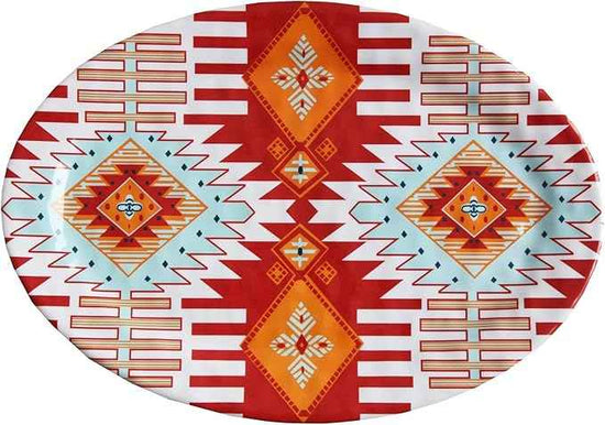 Paseo Road Southwest 14 Piece Melamine Plastic Dinnerware Set with Plates, Bowls and Serving Platter, Aztec Geometric Pattern, Western Southwestern Rustic Cabin Lodge Style