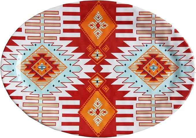 Paseo Road Southwest 14 Piece Melamine Plastic Dinnerware Set with Plates, Bowls and Serving Platter, Aztec Geometric Pattern, Western Southwestern Rustic Cabin Lodge Style