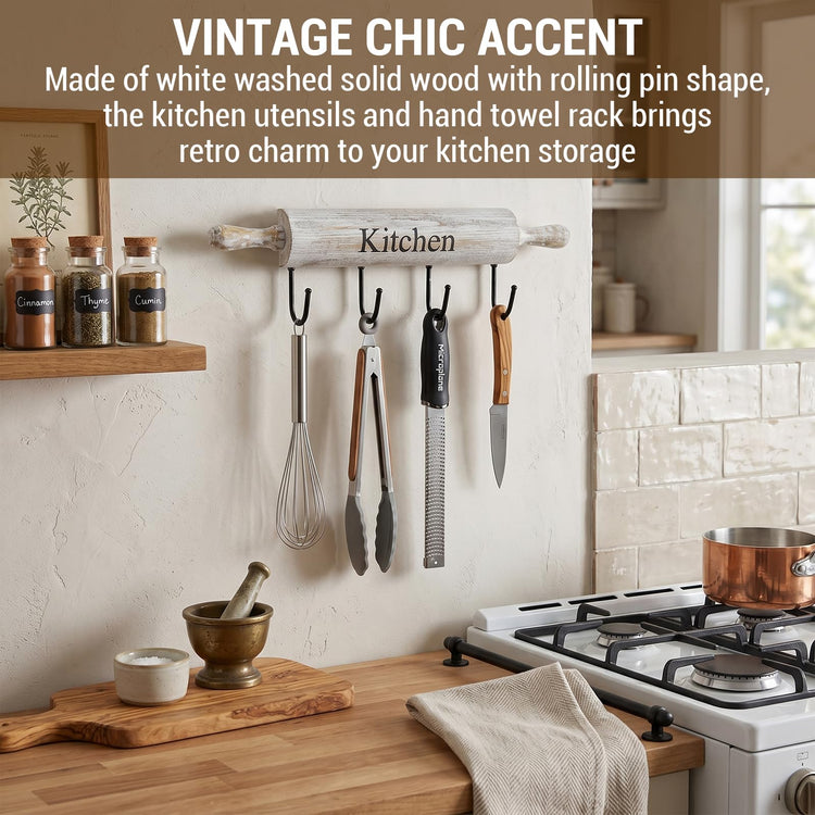 White Washed Wood Kitchen Utensil Rack with 4 Hooks