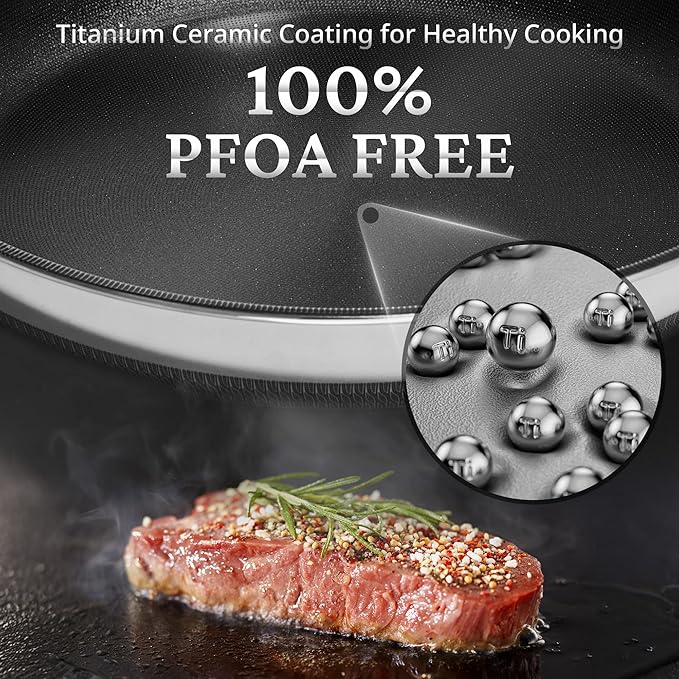 KOKHUB 12" Titanium Ceramic Nonstick Frying Pan, Non-Toxic Tri-Ply Stainless Steel Skillet with Lid, PFAS/PFOA/PTFE Free, Dishwasher & Oven Safe, Induction Compatible