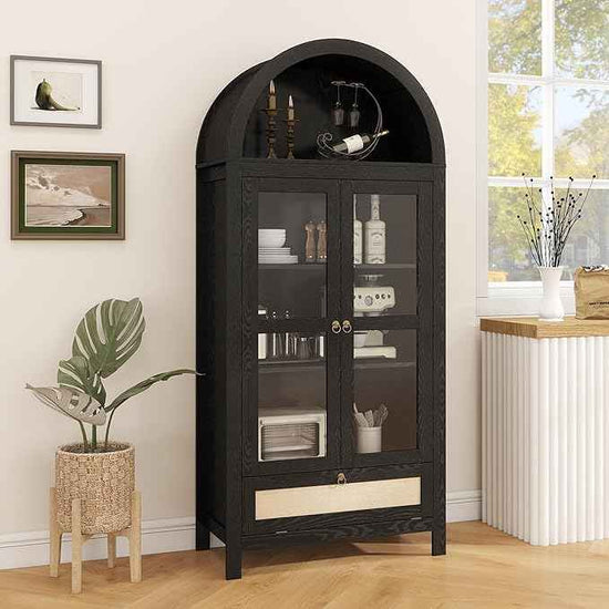TYBOATLE 71" Tall Arched Pantry Cabinet with Innovative Drawer, Kitchen Cabinet with Anti-Tipping Device and Glass Door, Versatile Cupboard for Kitchen, Dining, Black
