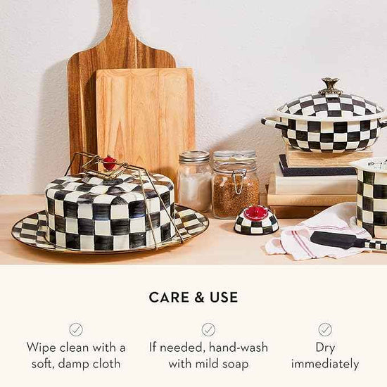 MACKENZIE-CHILDS Enamel Cake Carrier, Cake-Dish Serving Platter with Lid and Handles, Black-and-White Courtly Check