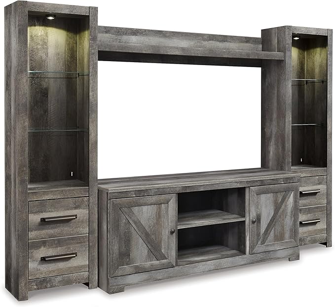 Signature Design by Ashley Wynnlow Rustic 4-Piece Entertainment Center for TVs up to 72" with LED Lighting and Adjustable Shelf, Gray